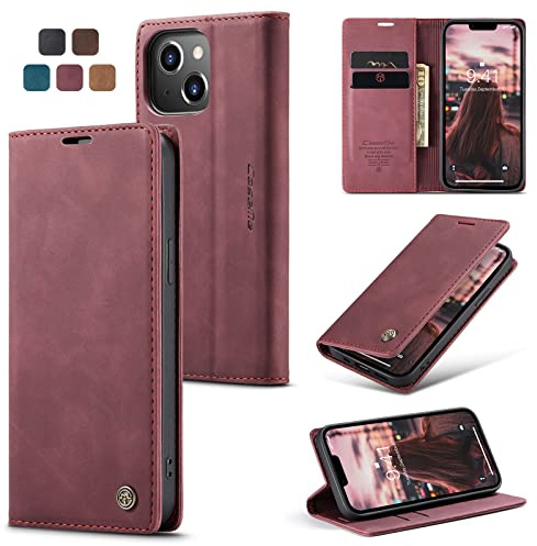 owlhold Funda iPhone 14 Plus Carcasa Avanzado PU Piel [Tarjetas y Billetera][Soporte Plegable][Cierre Magnético] Antigolpes Libro Carcasa para iPhone 14 Plus -Vino Rojo