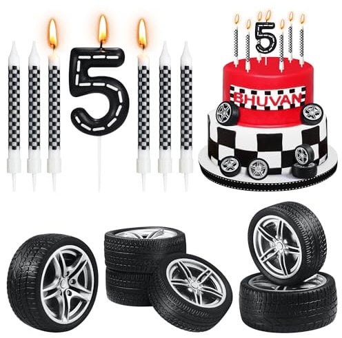 13 Pcs Racing Cars Birthday Candles, Black and White Checkered Birthday Cake Candles Numeral 5 Candle Wheel Tire for Racing Car Theme Cake Decorations Happy 5th Birthday Cake Candle Topper for Party