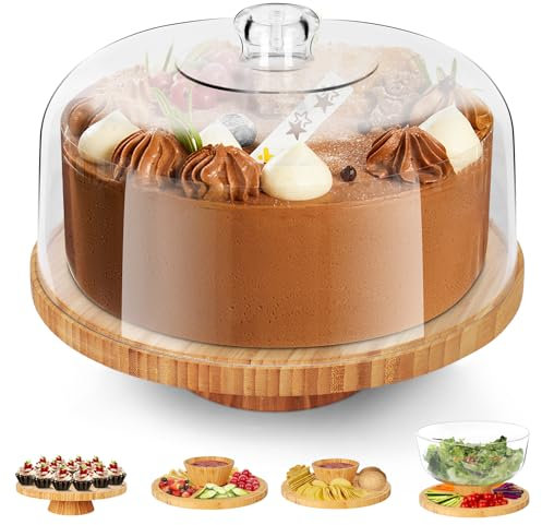 Myiosus Cake Stand, Wooden Cake Stand with Dome Lid Multifunctional 6 in 1 Cake Display Stands with Acrylic Cake Dome for Weddings, Birthday Parties, Desserts, Pastries and Cake Plate 28 cm x 11cm