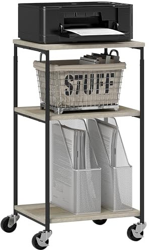 HOMCOM Support d'imprimante à 3 Niveaux, Meuble pour imprimante, sur roulettes, Hauteur réglable, Cadre en Acier, pour Bureau, Maison, Effet Bois Gris