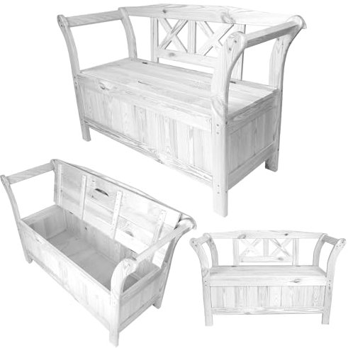 KADAX Gartenbank, 119x45x73 cm Banktruhe aus Einer Holzfaserplatte, Sitzbank mit Stauraum und Rücklehne, Holzbank für Garten, Balkon (119 cm/Weiß)