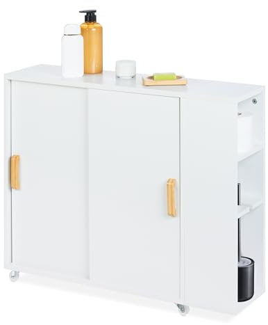 Relaxdays Armoire étroite Salle de Bain, 4 Compartiments, Porte-Brosse WC, HxLxP : 62 x 19,5 x 64 cm, MDF, Bambou, Blanc