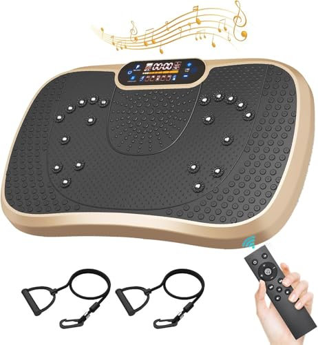 Moziel Plateforme Vibrante, Plaque Vibrante Oscillante 99 Niveaux d'Intensité & 5 Programmes, avec Haut-Parleur Bluetooth, 2 Bandes Résistances et Télécommande-Or