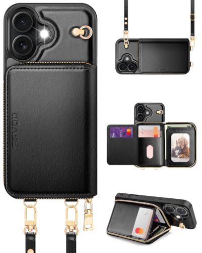 OCASE Hülle für iPhone 16 Handyhülle, RFID-Blockierung PU-Leder Reißverschluss Handtasche Geldbörse Flip Cover, Kickstand Folio Case mit Kartenschlitzen Halter Handgelenkband Lanyard Schwarz