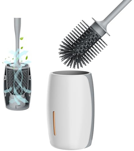 Maxuni Escobilla de inodoro de silicona con soporte, escobilla de inodoro sin taladrar, montaje en pared/suelo, escobilla de inodoro con mango largo