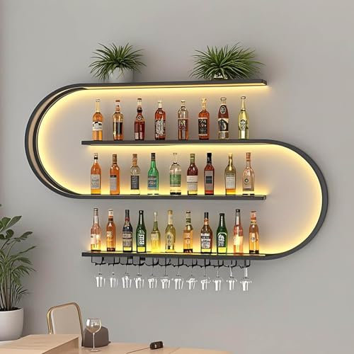 RAJYQODIS Weinregal zur Wandmontage, schwebendes Barregal mit 4 Ebenen, Industriedesign, Flaschenregal aus Metall, für die Heimbar, Esszimmer, Dekoration, Schwarz (180cm)