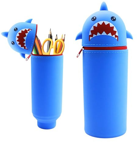 Wydexint Kawaii Federmäppchen, Mäppchen, 2-in-1 Weiche Silikontasche, Federmäppchen, Stand Up Federmäppchen, Tier Stifthalter, Cartoon Bleistifthalter Für Mädchen Und Jungen (Blauer Hai)