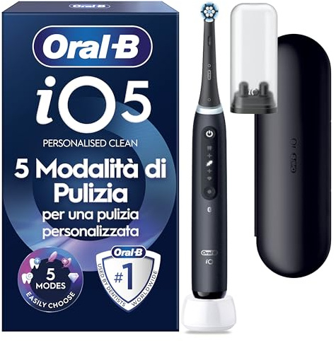 Oral-B iO 5 Spazzolino Elettrico, 1 Testina di Ricambio, Custodia, Nero | 1 Testine di Ricambio per Spazzolino Elettrico, Ricaricabile, Custodia da Viaggio, Gengive Protette, Pulizia Denti Efficace