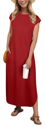 PrinStory Damen Maxikleid Ärmelloses Sommerkleid Mit Taschen Rundhals Strandkleid