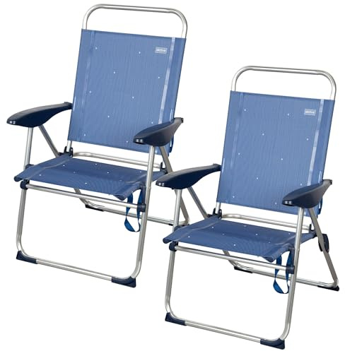 AKTIVE La Palma 85504 Strandstuhl, zusammenklappbar, 65 x 60 x 38/96 cm, neigbar, 4 Positionen, Gestell aus Aluminium, Textilene-Gewebe, Kippschutz, max. 110 kg, Blau, Modell La Palma