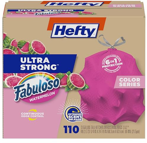 Hefty Ultra Strong 13 Gallon Trash Bags, Tall Kitchen Trash Bags 13 Gallon Size, Resist Leaks, Punctures, and Rips, Continuous Odor Control, Pink, Fabuloso Watermelon Scent, 110 Bags