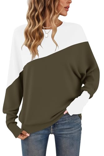 WNEEDU Camiseta de Manga Larga con diseño de Bloques de Color para Mujer | Túnica casual para mujer con cuello redondo mangas con puños en estilo patchwork y diseño tipo suéter