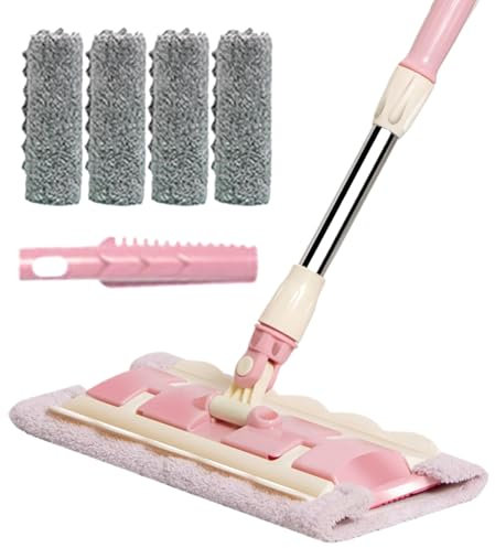Fregona plana, escoba de limpieza equipada con 4 toallitas lavables – rotación de 360° para suelos de baldosas de parquet exterior, terraza y mango telescópico