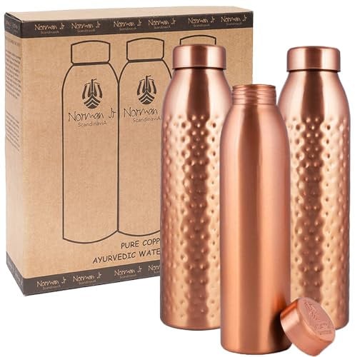 NORMAN JR Botella de agua de cobre de 1 l: caja de regalo de 3, 1 lisa, 2 martilladas, un recipiente ayurvédico hecho de cobre puro: lo ayuda a beber más agua con muchos beneficios para la salud