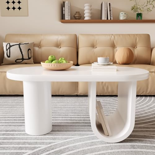 Merax Moderner Ovaler Couchtisch Weiß, 98,5x53,5x42 cm, Coffee Table mit U-förmigen Beinen, Pflegeleichte Oberfläche, Geräumiger Stauraum, für Wohnzimmer