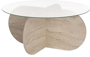 Stilvoller Couchtisch, 75 x 35 x 75 cm | 100% Sicherheitsglas & melaminbeschichtete Spanplatte, 18 mm dick | Elegantes Design in Travertin & Transparent für Moderne Wohnräume