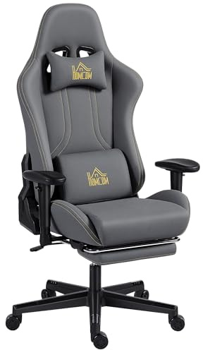 HOMCOM Chaise Gaming Ergonomique avec accoudoirs réglables, Fauteuil Gamer en suède avec Dossier inclinable, Hauteur réglable, Repose-Pieds, Appui-tête, Soutien Lombaire et pivotant à 360°, Gris