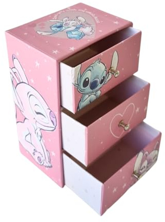 ARDITEX, Stitch Schmuckkästchen Mädchen, Dekobox aus Karton Mit 3 Schubladen, Perfekt für Jungen, Aufbewahrung von Schmuck, Fotos und Bastelarbeiten, Näharbeiten, 9.5X7X15 Cm