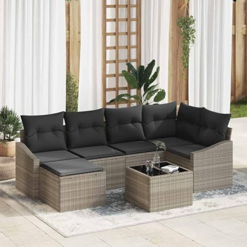 Yunovire Garten Essgruppe mit Kissen, 7-teilig, Hellgrau, Poly Rattan, Modulares Outdoor Sofa Set für 6 Personen, mit Stauraumfächern, für Terrasse und Balkon