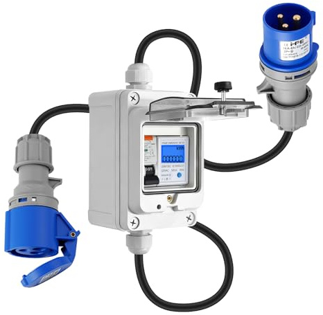Eirolace 3 Phasen Mobiler Digitaler Stromzähler CEE 3 Pin Stecker, 230V 60A Adapter Stromzähler für Steckdose IP67 Wasserdich mit Reset, für Wohnmobile Elektrofahrzeuge