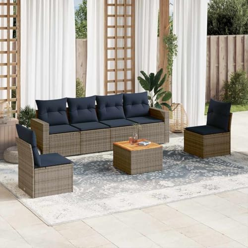 Hoopleep 7-TLG. Garten-Sofagarnitur mit Kissen, Grau Poly Rattan, Modulares Outdoor Lounge Set mit Stauraum, Akazienholz Tisch für Terrasse und Balkon