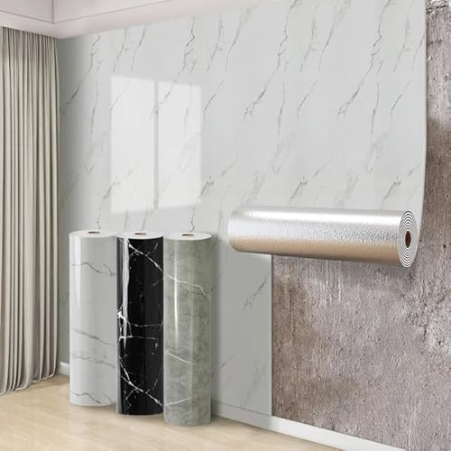 Swehooirt 3 Roll Self Adhesive Thermal Wallpaper 2.3mm Thick White Marble Vinyl Peel and Stick Wallpaper for Bad Cold Walls Insulating Wall Covering Roll Waterproof Damp Proof Bathroom Kitchen