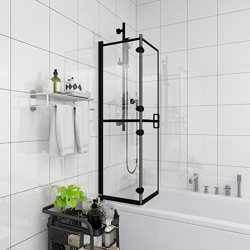 Runheo Box doccia pieghevole ESG, nero, 100 x 140 cm, con profilo in alluminio, box doccia in vero vetro, porta a soffietto per nicchia, con maniglia e cerniera, paraspruzzi per vasca da bagno