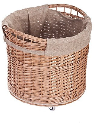 e-wicker24 Alles aus Weide Cestino rotondo in vimini, per legna da ardere, con rotelle e rivestimento in iuta