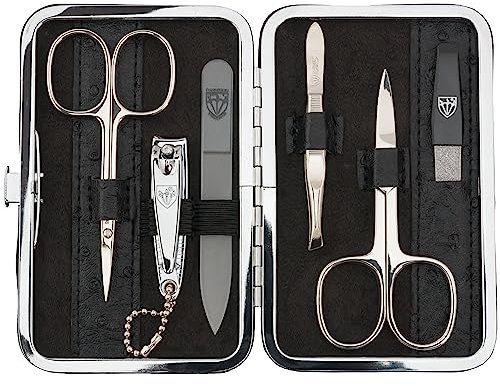 DREI SCHWERTER - Germany 6-tlg. Maniküreset 'Genova' | Set Nageletui aus Kunstleder schwarz Straussimitat | Inhalt: Nagelschere, Hautschere, Nagelknipser, Glasnagelfeile, Pinzette, Saphirnagelfeile