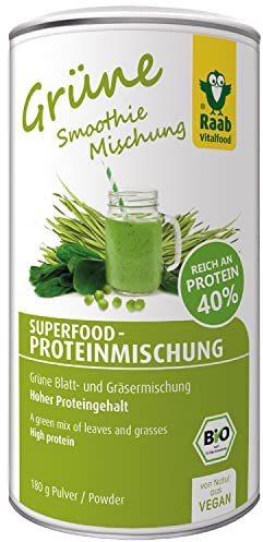 Raab Vitalfood Bio Superfood Protein-Mischung grün, 42 % Protein, Spinat, Weizengras, Gerstengras, Moringa, Erbsenprotein, vegan, glutenfrei, 180 g