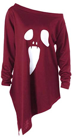 Lazzboy Halloween kostüm Damen Sweatshirt Pullover Bluse Geist Drucken Asymmetrisch Langarm Shirt Top (Rot,38)