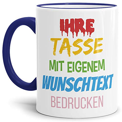 Tasse selbst gestalten/mit eigenem Text beschriften/Wunsch-Name/Spruch-Tasse/Rand & Henkel Dunkelblau/Mittig gegenüber vom Henkel Bedruckt