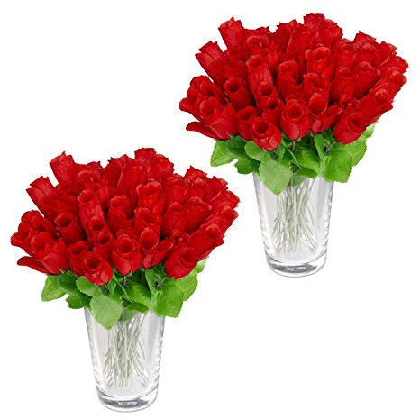 Relaxdays 288 rose artificiali, fiori artificiali, con gambo e foglie, regalo, matrimonio, altezza 26 cm, rosso