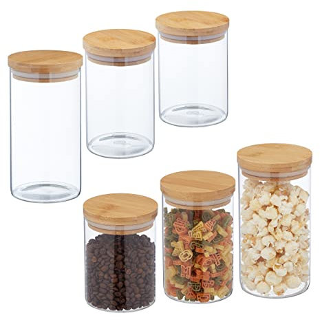 Relaxdays Lot de 6 bocaux en Verre avec Couvercle Bambou, 650 ML, 800 ML et 1 l, hermétique, Transparent/Naturel