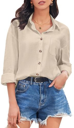 Hotouch Chemise Élégante à Manches Longues pour Femme Chemise Boutonnée Décontractée Col en V Décontractée Chemisier Beige M