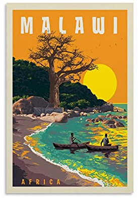 Vintage Reise Landschaft Poster Malawi, Afrika Poster Dekorative Gemälde Leinwand Wandposter und Kunstdruck Moderne Familie Schlafzimmer Dekor Poster 20 x 30 cm