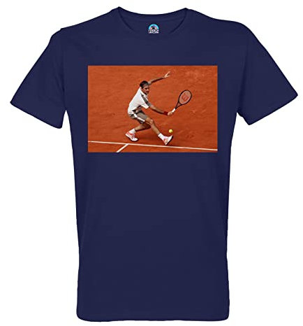 T-Shirt für Herren, Rundhalsausschnitt, Bio-Baumwolle, Erdschlag, Roger Federer, Tennis Superstar Sport, blau, M