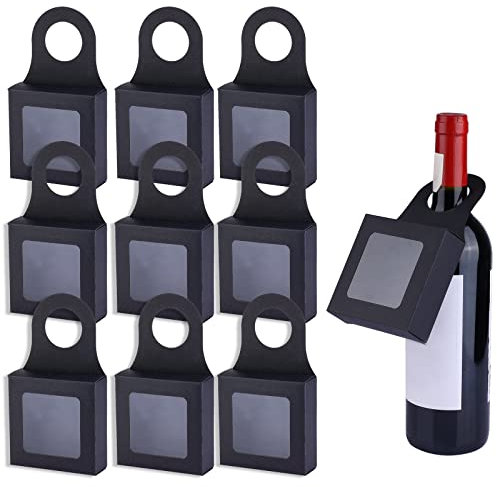 10pcs Wine Bottle Box with Visible Window for Red Wine Bottles, Brown Paper Wine Bottle Favor Hanging Foldable Wine Boxes Gift Decotation for Valentines, Wedding Festival Party Birthday (Black)