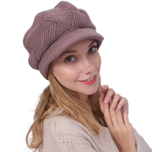 Damen Warme Gefütterte Wintermützegestrickte Schirmmütze Baseballmütze Warm Winter Beanie Hut Knitted Hat mit Weiches Dickes Fleecefutter (Hellviolett)