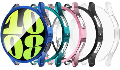 Bigqin 5 Piezas Funda Compatible con Samsung Galaxy Watch 6 44mm, Protector de Pantalla Compatible con Samsung Galaxy Watch 6 44mm- Transparent/negro/azul/cian/rosa