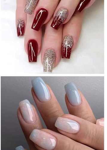 Ceboic 48Pcs French Tip False Nails, Medium Coffin Press on Nails Red Gold Glitter Acrylic Full Cover Fake Nails, Pink Blue Gradient Elegant Marble Design Stick on Nails for Women and Girls 2 Packs