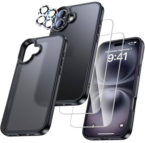 UniqueMe für iPhone 16 Hülle - Handyhülle für iPhone 16 Case, 5 in 1 Set Rundumschutz Schutzhülle Cover,1 Handyhülle & 2 Schutzfolie & 2 Kameraschutz - Schwarz