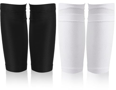 2 Pairs Soccer Shin Guard Covers, Shin Pads Socks Soft Breathable Soccer Sock Sleeves Shin Pads Holders Soccer Shin Guard Sleeves for Kids Teenagers Adults Beginners (Black & White) - L