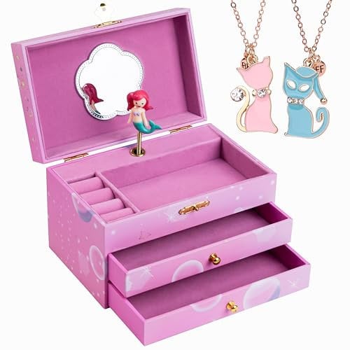 AdelDream Spieluhr Schmuckkästchen (mit zwei Katzen-Anhängern) Musik-Aufbewahrungsbox dreischichtige Spieluhr süße Katze Musikalische Schmuckschatulle für Kindern Geschenke