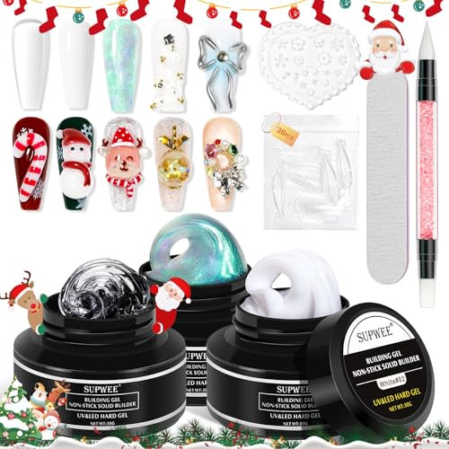 SUPWEE Solid Builder Gel for Nails Kit, Non-Sticky 3D Gel Nail Art Sculpture Gel 3 Colors Nail Extension Gel 3D Carving Hard Gel UV DIY Nail Art Salon At Home