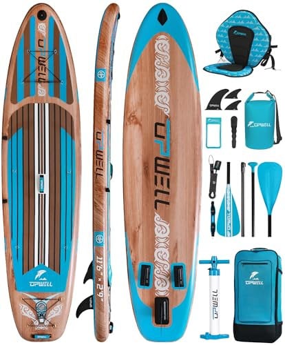 UPWELL 350x84x15cm Aufblasbares Breites Stand Up Paddling Board mit Sitz, Sup Paddle Boards für Erwachsene und 2 Personen, Timber