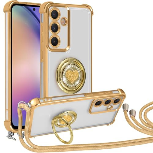 Knrlqim Coque avec Cordon pour Samsung Galaxy A54 5G 6.4,Mignonne Housse,Réglable Collier Lanière Téléphone Étui Lanyard Case Protection Compatible Cover avec Anneau de Support Coeur,Or