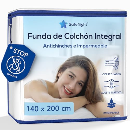 Housse de Matelas Anti punaises de lit - 140x200cm - Alèse intégrale imperméable - Protège Matelas Efficace Contre nuisibles et acariens - Surface en Coton Doux - Epaisseur Extensible 19 à 35cm