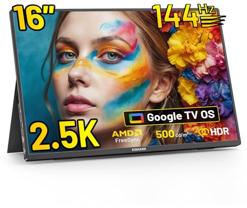 Monitor Portatile 16 Pollici 2.5K 144Hz con Google TV OS, Display Mobile HDR 500 Nits 100% sRGB, HDMI/USB Type-C, FreeSync, 1200:1, IPS Schermo Esterno per Laptop PS4/5 Xbox Switch, Compatibile VESA