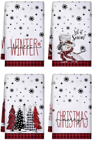 Ekukeon Weihnachten Küchentücher 4er Set,Bäume Schneeflocken Geschirrtücher Weihnachten,Küchenhandtücher,Winter Christmas Dekoration Handtücher,Trockentuch Saugstarke Strapazierfähig,40 x 60 cm